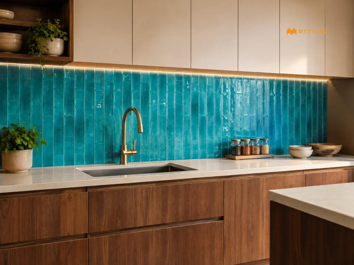 Ceramic Blue Subway tile in Kitchen Wall